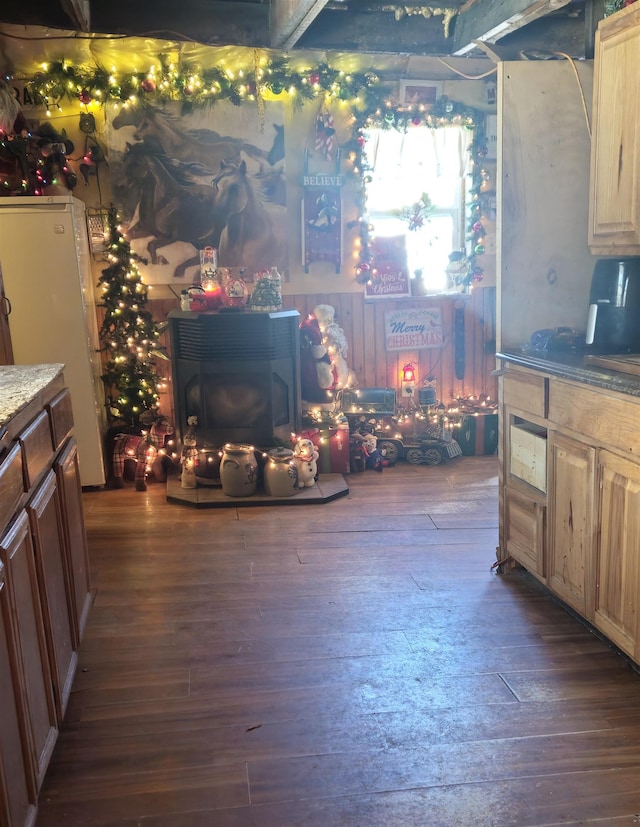 kitchen featuring a wood stove and dark hardwood / wood-style floors