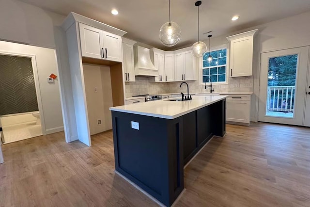 kitchen with custom exhaust hood, white cabinetry, and a sink