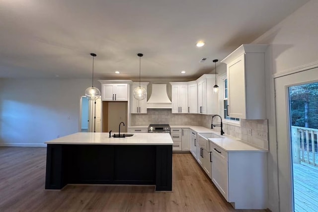 kitchen featuring custom exhaust hood, wood finished floors, and a sink