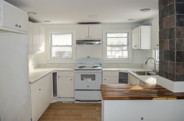 kitchen with white range with electric stovetop, wooden counters, white cabinets, a sink, and under cabinet range hood