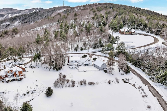 snowy aerial view featuring a mountain view