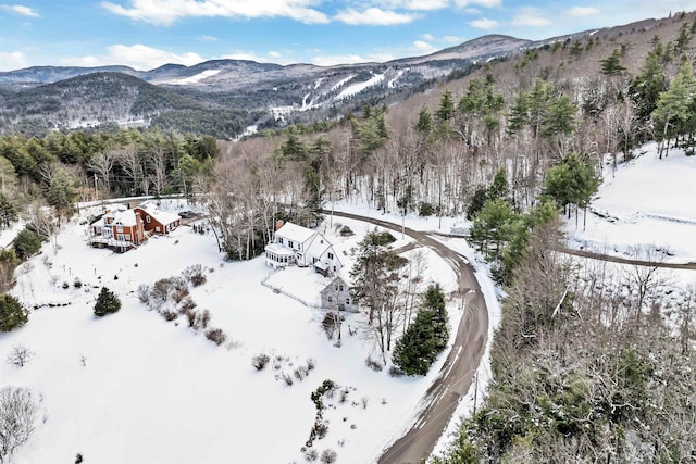 snowy aerial view featuring a mountain view