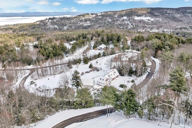 snowy aerial view with a mountain view