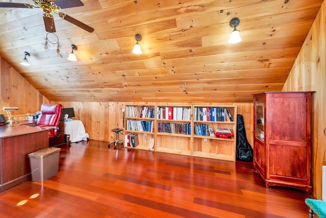 bonus room with wood ceiling, vaulted ceiling, wooden walls, and wood-type flooring