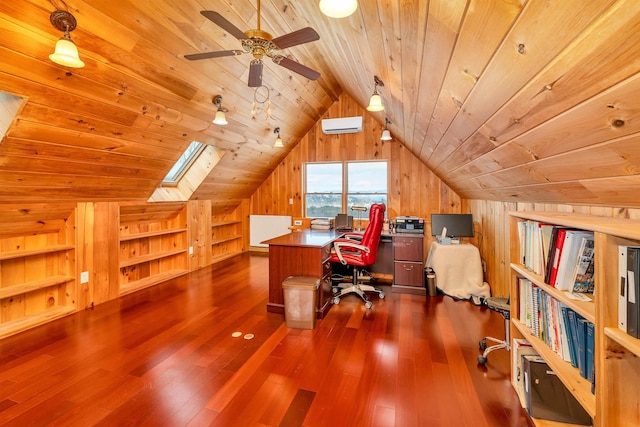 office space featuring an AC wall unit, wood ceiling, dark hardwood / wood-style flooring, and wood walls