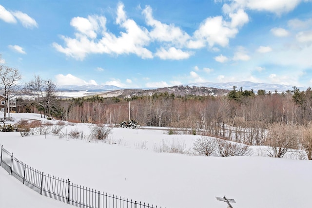 yard covered in snow with a mountain view