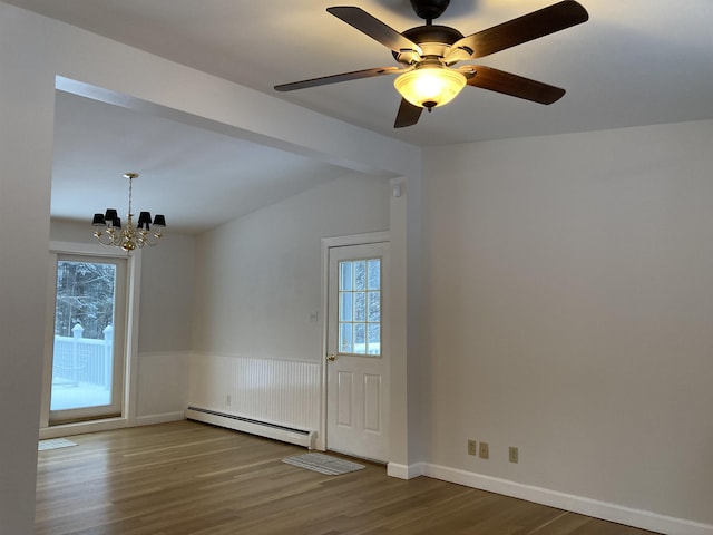 interior space with a baseboard radiator, lofted ceiling, ceiling fan with notable chandelier, and light wood-type flooring