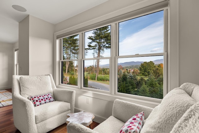 sitting room with dark wood-type flooring and a mountain view