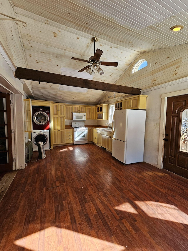 kitchen with vaulted ceiling with beams, white appliances, wood-type flooring, and stacked washer and dryer