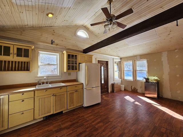 kitchen featuring sink, a wealth of natural light, vaulted ceiling, and white fridge