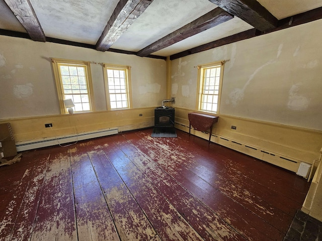 empty room featuring beam ceiling, dark hardwood / wood-style floors, baseboard heating, and a wood stove