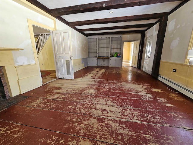 unfurnished living room with dark wood-type flooring, a fireplace, and beamed ceiling