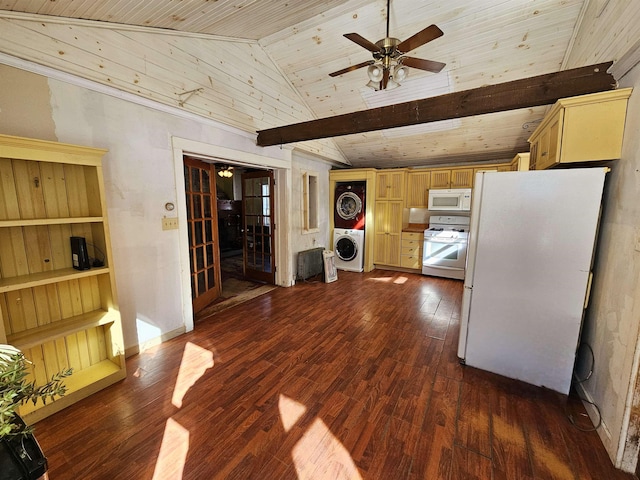 kitchen featuring dark hardwood / wood-style floors, lofted ceiling, stacked washer and dryer, ceiling fan, and white appliances