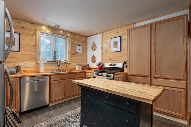 kitchen with butcher block counters, sink, wood walls, and appliances with stainless steel finishes