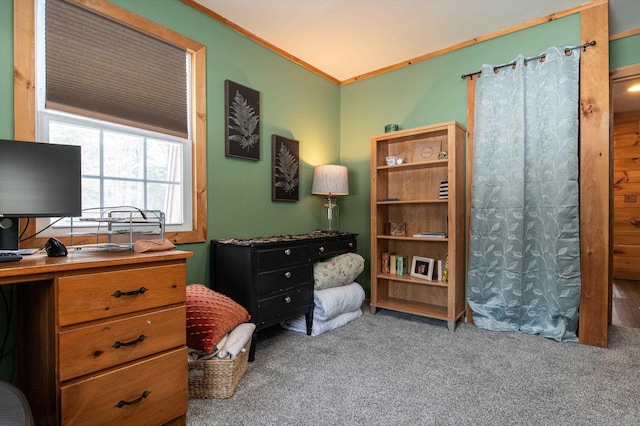 carpeted bedroom featuring crown molding