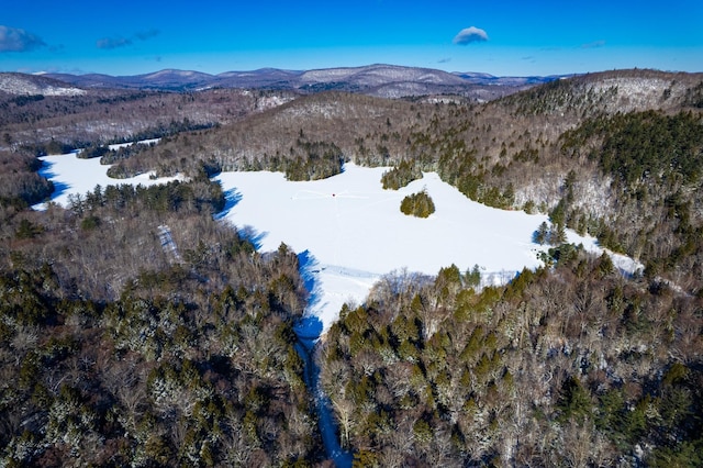 snowy aerial view with a mountain view