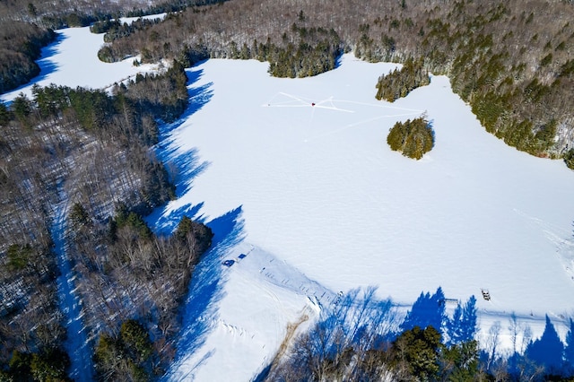 snowy aerial view with a water view