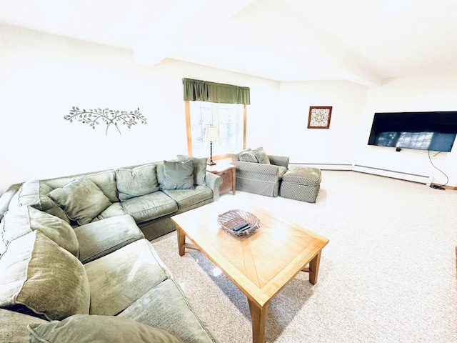 living room featuring beamed ceiling and carpet flooring