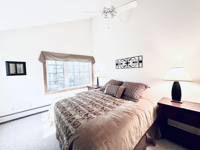 carpeted bedroom featuring a baseboard heating unit, high vaulted ceiling, and ceiling fan