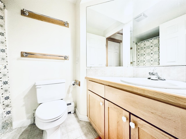 bathroom with vanity, decorative backsplash, a baseboard radiator, tile patterned floors, and toilet