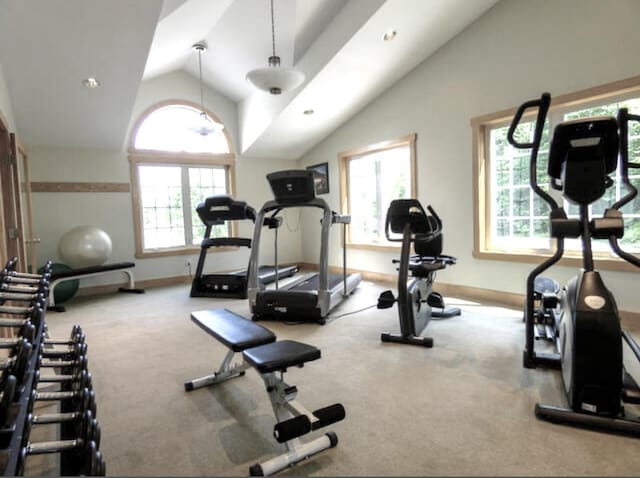 exercise area featuring lofted ceiling and light colored carpet