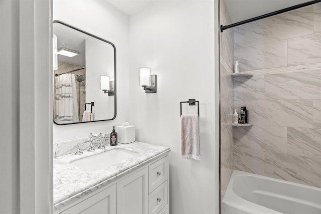 bathroom featuring vanity and shower / bath combo with shower curtain