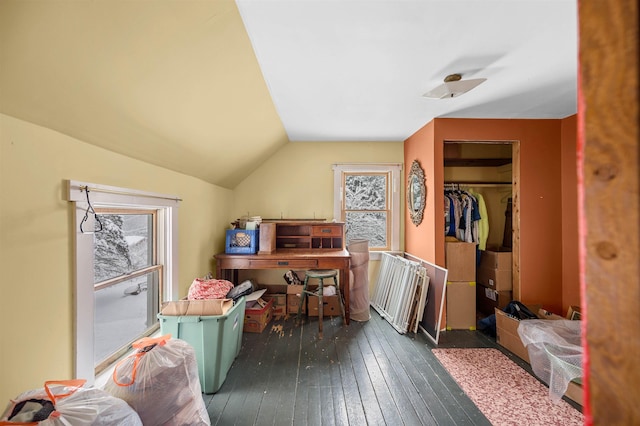 additional living space featuring vaulted ceiling and dark wood-type flooring