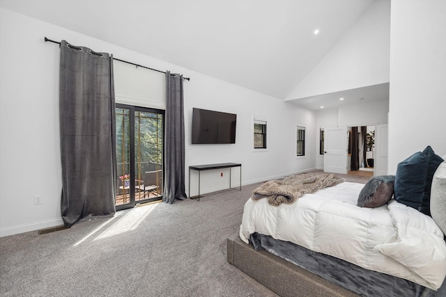 bedroom with carpet flooring, access to outside, and high vaulted ceiling