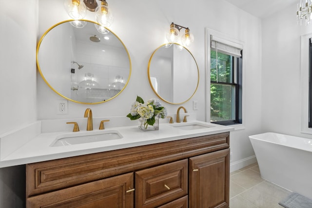 bathroom with vanity, separate shower and tub, and tile patterned flooring