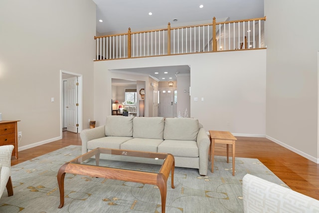 living room featuring a towering ceiling and light hardwood / wood-style floors