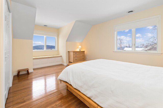 bedroom with wood-type flooring and vaulted ceiling