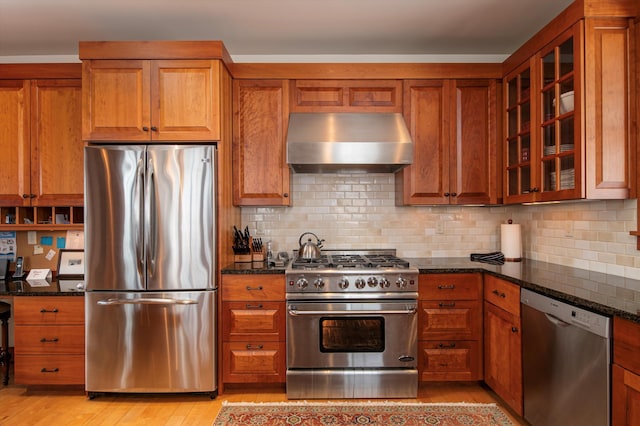 kitchen with light hardwood / wood-style flooring, stainless steel appliances, ventilation hood, decorative backsplash, and dark stone counters