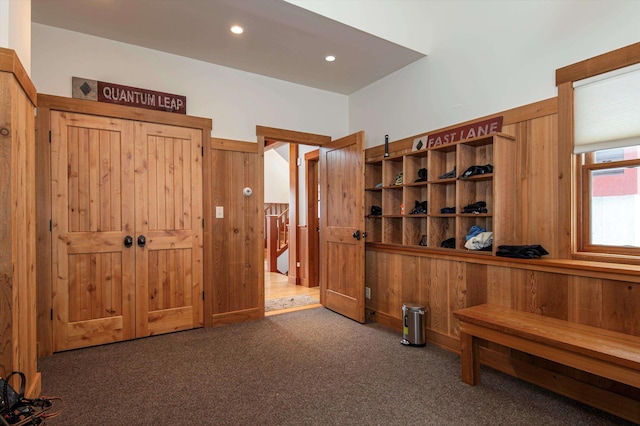 interior space with dark colored carpet