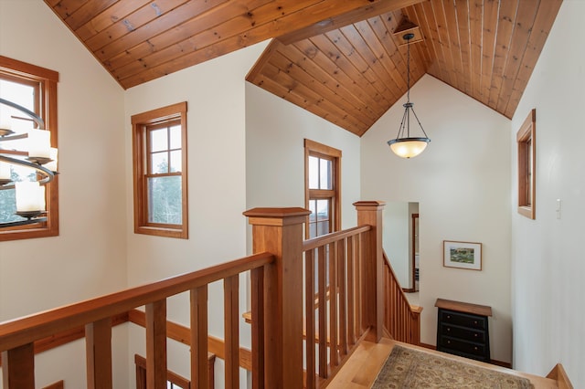 hall with lofted ceiling and wood ceiling