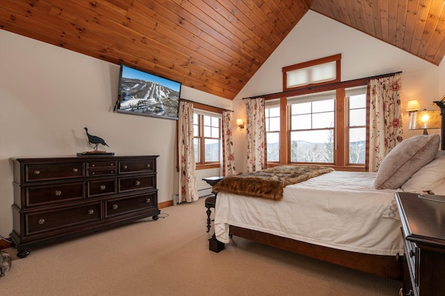 carpeted bedroom with wood ceiling and high vaulted ceiling