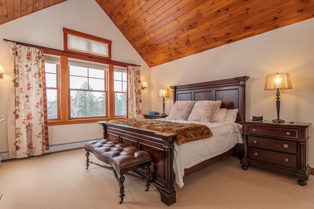 bedroom with wood ceiling, light colored carpet, a baseboard radiator, and high vaulted ceiling