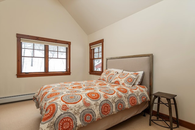 carpeted bedroom with lofted ceiling and baseboard heating