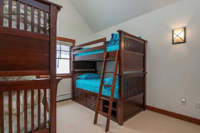 bedroom featuring vaulted ceiling and light carpet