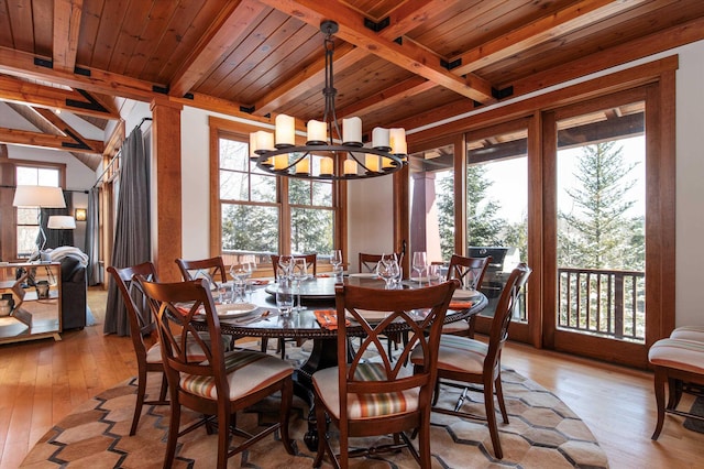 dining room featuring wooden ceiling, beam ceiling, and light hardwood / wood-style flooring