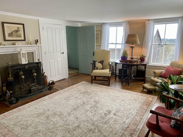 living area with ornamental molding and wood-type flooring