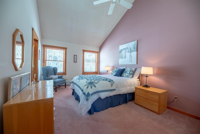 bedroom featuring ceiling fan, light colored carpet, a baseboard radiator, and high vaulted ceiling