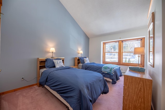 bedroom with high vaulted ceiling and carpet