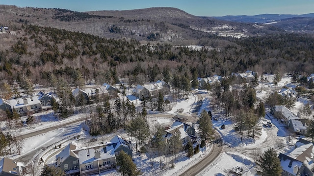 snowy aerial view with a mountain view