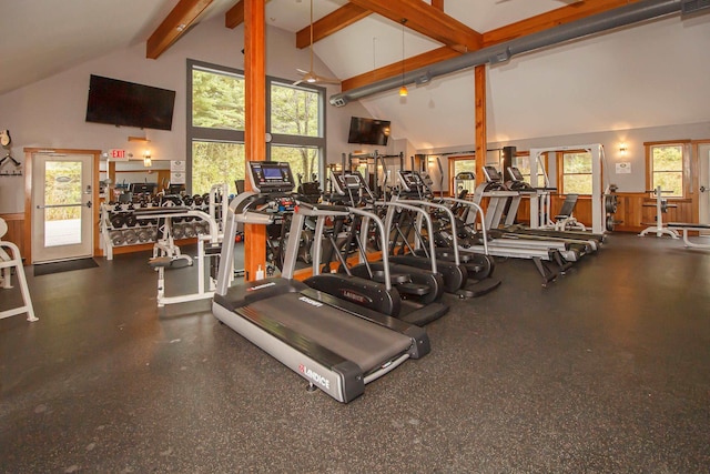 workout area with high vaulted ceiling