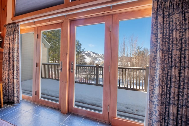 entryway with a mountain view and dark tile patterned flooring