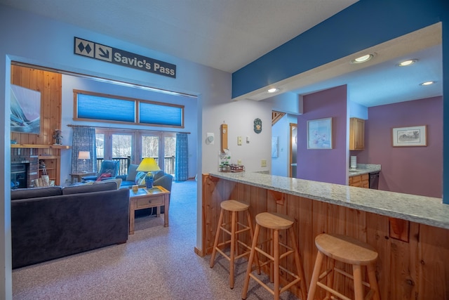 interior space with light stone counters, a fireplace, and dishwasher