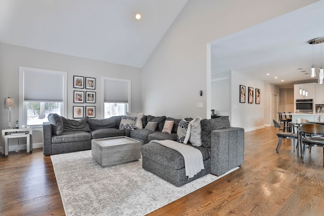 living room with dark hardwood / wood-style flooring and high vaulted ceiling