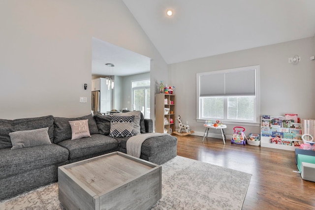 living room featuring high vaulted ceiling and hardwood / wood-style floors