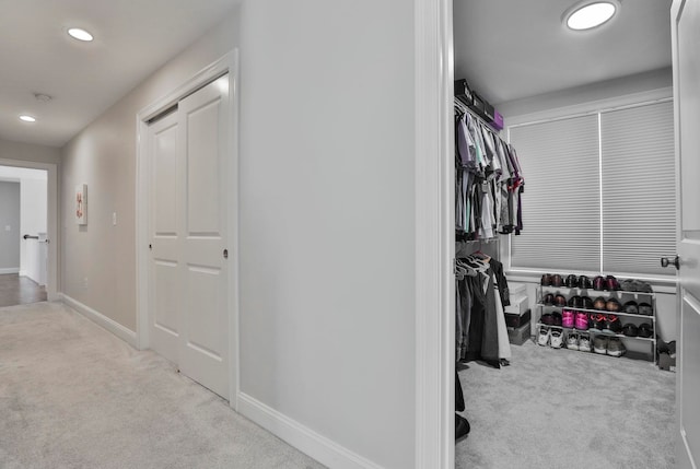 spacious closet with light colored carpet