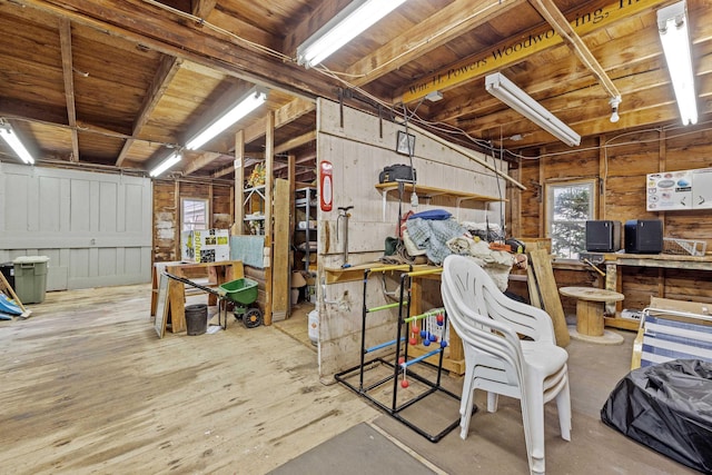 basement with a workshop area